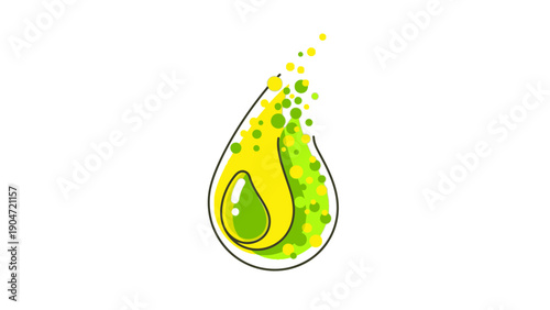 Vibrant Vector Liquid Drop Logo. Stylized Essential Oil Icon, Yellow and Green Chemistry, Natural Bio Essence Graphic.