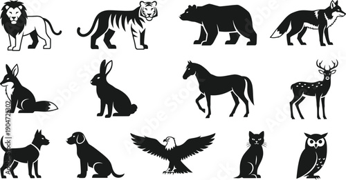 Silhouette illustrations of various wild and domesticated animals