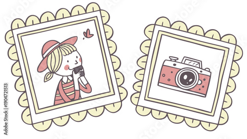Hand drawn doodle of two square frames with a girl watching a butterfly and a classic camera.