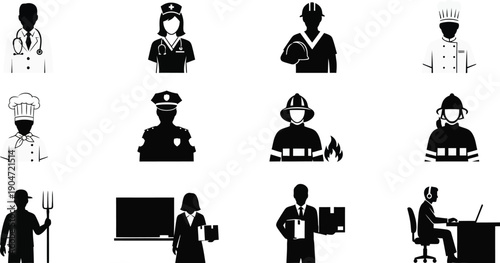 Collection of black and white silhouette icons of various professions