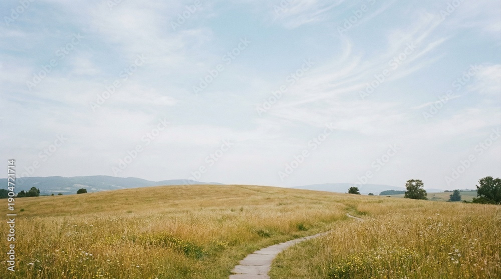 Obraz premium Winding Path Through Golden Meadow Under Blue Sky