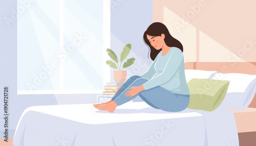 Pregnant woman massaging feet on bed editorial illustration with simplified room and lifelike woman