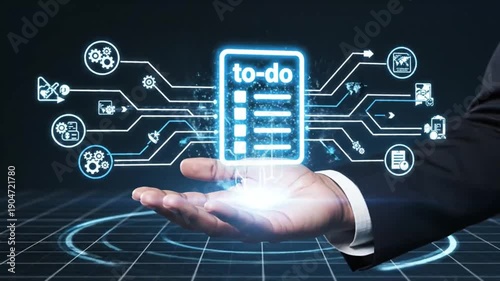 A digital to-do list hovering over a person's hand, representing the concept of technology and task management