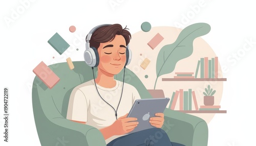 Dynamic illustration of multitasking with headphones, modern productivity and digital lifestyle concept