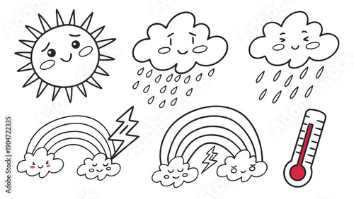 Collection of cute hand drawn weather icons featuring smiling sun clouds and rainbows