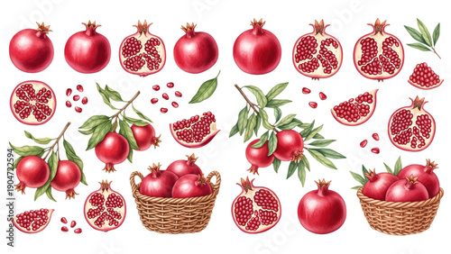 A vibrant collection of pomegranate illustrations, featuring whole fruits, juicy cross-sections, seeds, and a wicker basket.