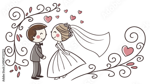 Cute hand drawn illustration of a bride and groom celebrating their wedding with hearts.