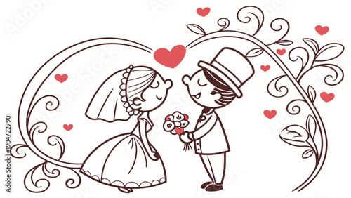 Cartoon bride and groom on their wedding day surrounded by hearts and decorative swirls.