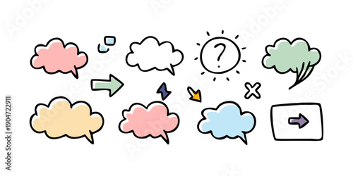 A whimsical illustration of various thought bubbles and speech clouds Vector