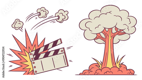 Cartoon illustration of a movie clapperboard exploding next to a large mushroom cloud.