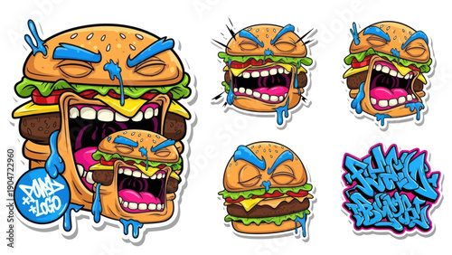 Cartoon burgers with exaggerated expressions for food and restaurant designs