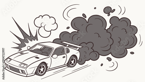 A cartoon sports car having an engine failure and releasing thick black smoke clouds.