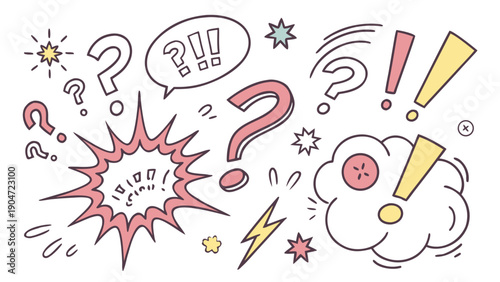 Hand drawn comic style speech bubbles and symbols with question marks and exclamation points