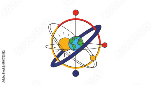 Earth, Sun, and Orbiting Structure Icon. Global Science, Physics, and Atomic Energy System Vector Illustration.