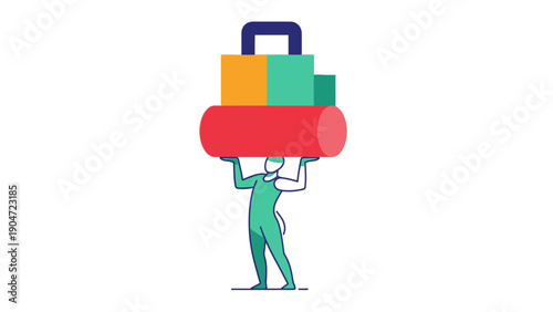 Businessman Lifting Heavy Workload Stack. Responsibility, Burden, and Logistical Effort Concept. Modern Flat Vector Illustration.