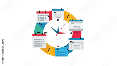 Tax Deadline Management Concept. Vector illustration of a clock surrounded by calendars and tax forms, symbolizing timely financial planning and filing.