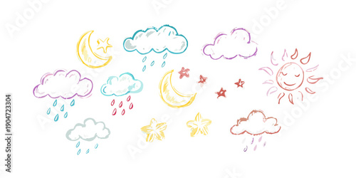 A whimsical illustration of various weather elements and celestial bodies. Vector
