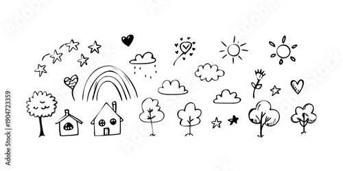 A whimsical illustration of various objects and creatures in a playful and colorful scene Vector