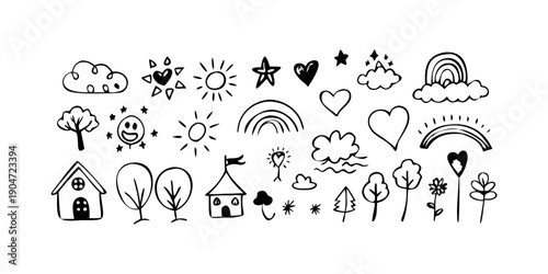 A diverse collection of weather, nature, and love symbols in a playful illustration style Vector