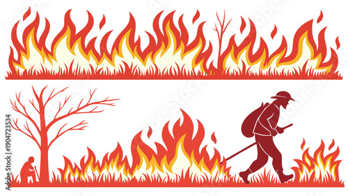 Red silhouette illustration of a firefighter battling a raging forest wildfire with burning trees