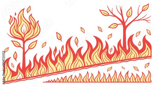 Illustration of a wildfire spreading across a field with trees and falling leaves.