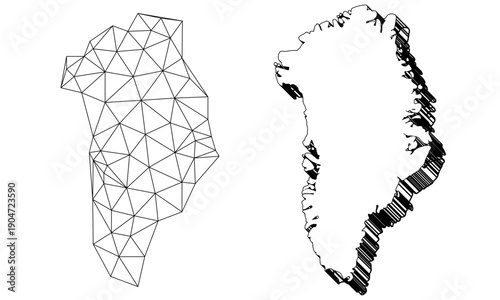 Low Polygonal mesh map of Greenland with black map of Greenland Wire frame 2D polygonal line network in vector format on a white background