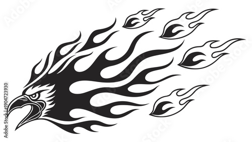 Black and white eagle head graphic with stylized fire flames trailing behind it
