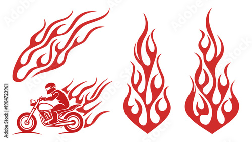 Red flame graphics set including a motorcycle rider with trailing fire isolated on white