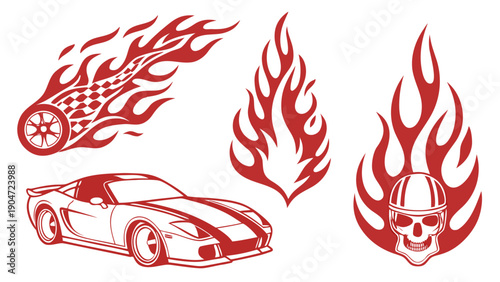 Red hot rod racing graphic elements with flaming wheel skull and sports car