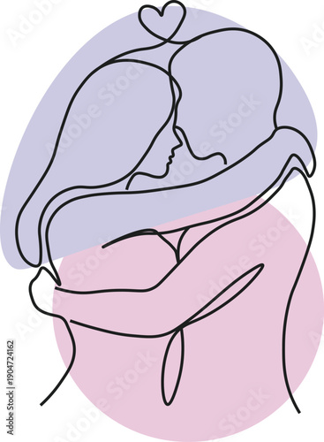 Modern minimalist one-line silhouette of a couple hugging, embodying love, connection, and intimacy with a thin black line.