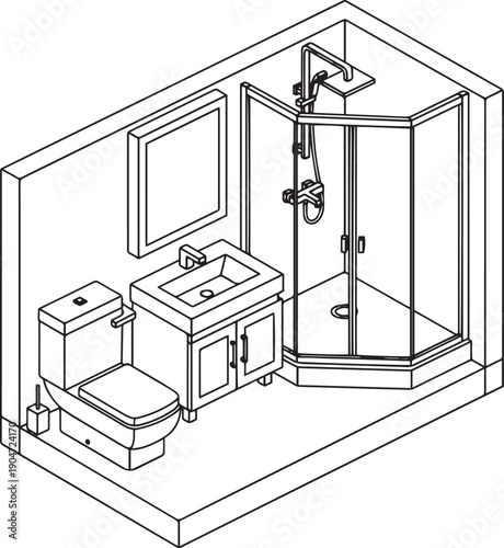 A minimalist architectural rendering showcases a modern bathroom setup, focusing on a sense of spatial arrangement and design functionality.