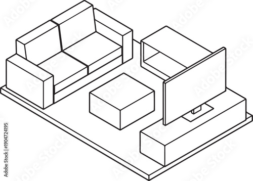 An isometric perspective showcases a modern living room interior, filled with minimalist furniture.