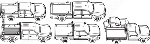 A fleet of utility vehicles shown from different angles and perspectives in a streamlined, graphic style. 