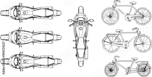 Detailed Line Drawings: Bicycles and Motorcycle. A detailed collection of line drawings presents the elegant silhouettes of different bikes. Capturing the essence of transport vehicles.