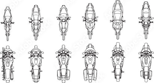 A collection of motorcycle, overhead view.