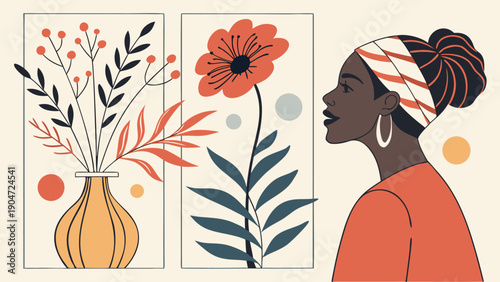 Side profile of a black woman with a headband next to botanical illustrations in a vase