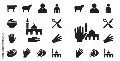 Sacrificial ritual icons for islamic holidays including livestock meat mosque and grooming objects