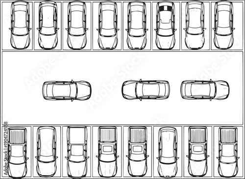 Overhead View of Organized Parking Spots with Vehicles. A high-angle view presents a neat arrangement of parking spaces, many occupied by vehicles.