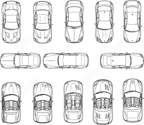 Modern automobile, a detailed technical illustration showcases several angles and designs. Explore the intricate lines and contours, inviting you to delve into the innovative aspects of design.
