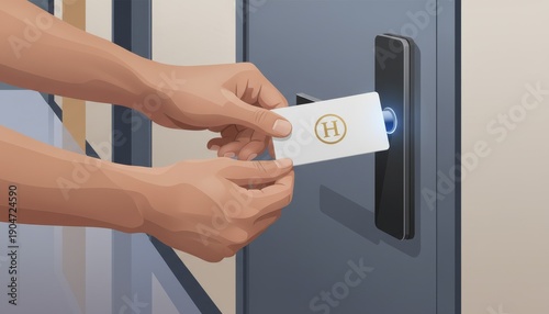 Guest using key card on electronic door lock, close-up of hands and modern hotel entry