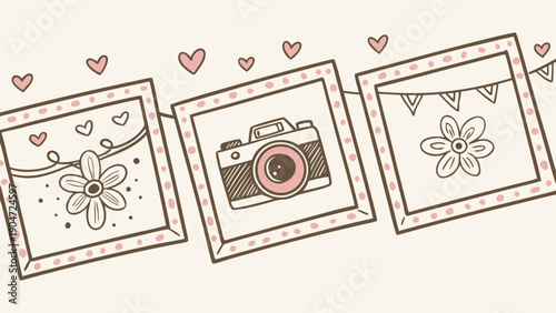 Cute hand drawn illustration of photo frames hanging on a string with hearts and a camera.
