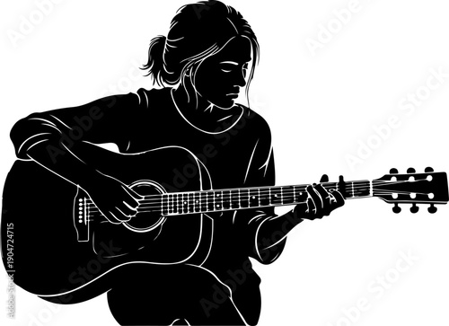 Woman playing acoustic guitar silhouette vector illustration