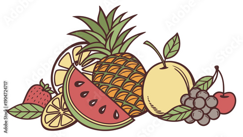 A colorful hand-drawn illustration featuring a variety of fresh tropical and garden fruits.