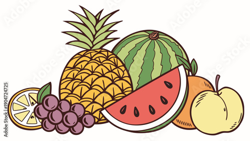 A colorful illustration of various fresh fruits including pineapple, watermelon, and grapes.
