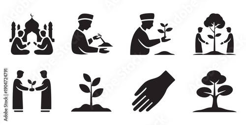 Set of eight black vector icons depicting islamic charity and planting seedlings and trees
