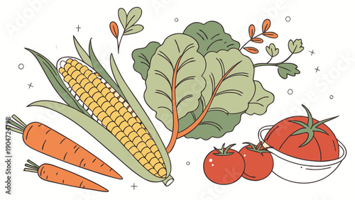 Hand drawn illustration of a variety of fresh vegetables including corn carrots and tomatoes