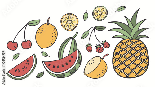 Collection of colorful hand-drawn tropical and seasonal fruits isolated on a white background