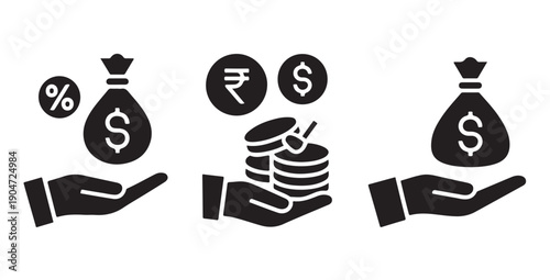 Financial donation icons showing hands holding money bags and coins for charity and banking concept