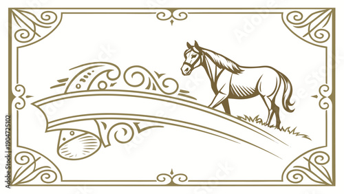 Vintage illustration of a horse standing on an ornate ribbon banner within a decorative frame