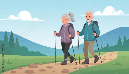 Family hiking across suspension bridge flat style illustration with copy space and bright scenery